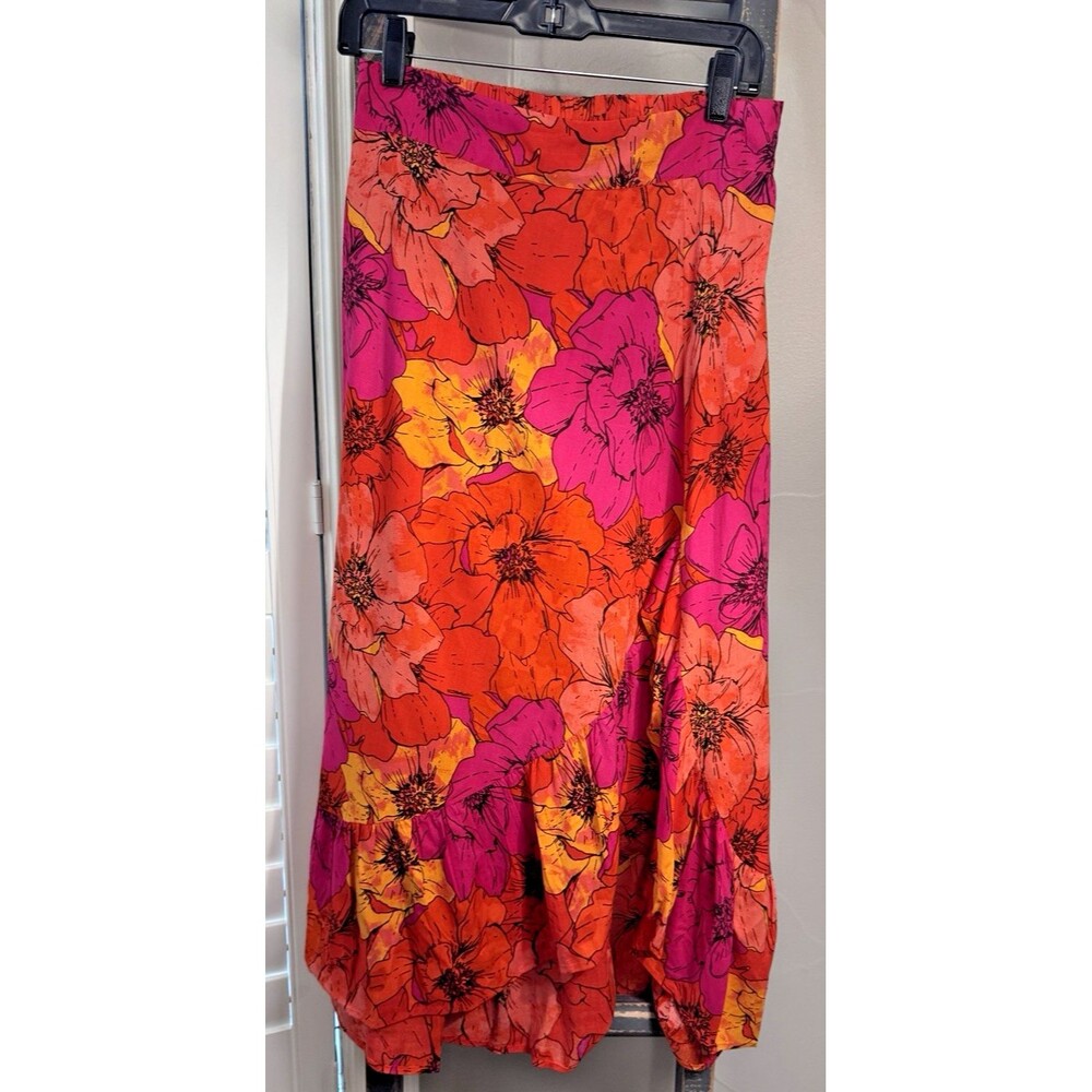 Violet Skies Faux Wrap Hi-Lo Skirt Black Tropical Elastic Back Rayon Size M New